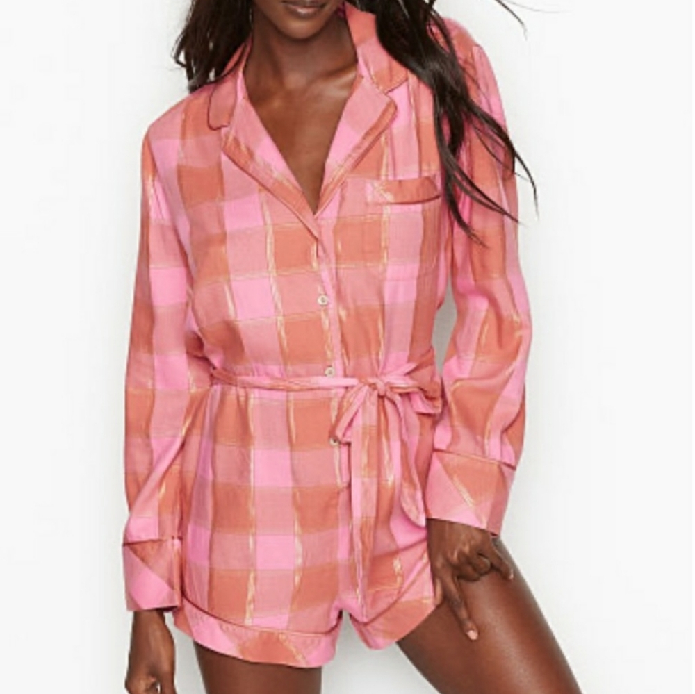 Victoria secrets New plaid romper pajama pink sz M - Picture 2 of 4
